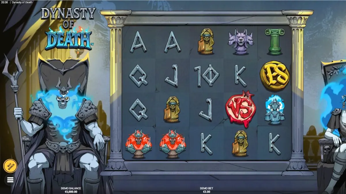 Tampilan layar permainan slot Dynasty of Death oleh Hacksaw Gaming, menampilkan Hades dan Persephone di latar belakang gelap.